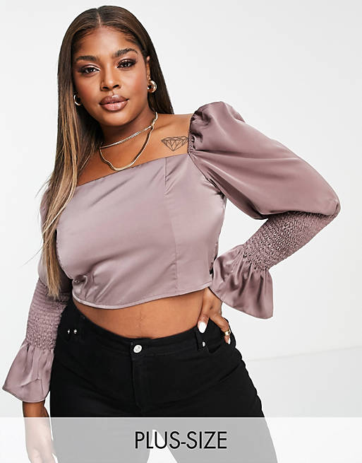 In The Style Plus exclusive square neck shirred sleeve detail crop top in taupe