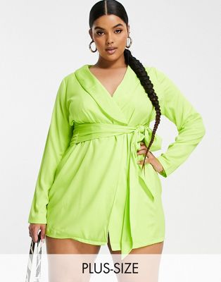 In The Style Plus exclusive tie front blazer dress in lime