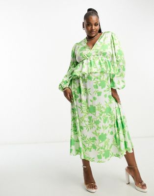 exclusive v neck ruffle waist midi dress in green floral-Multi
