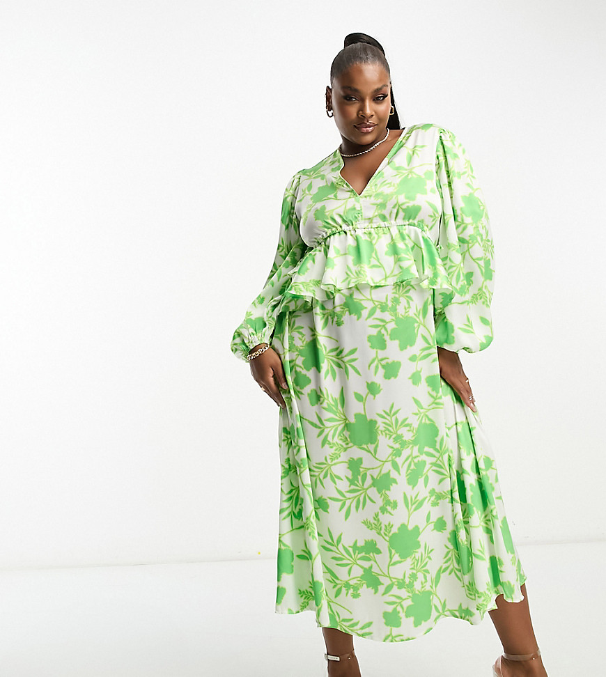 In The Style Plus exclusive v neck ruffle waist midi dress in green floral-Multi