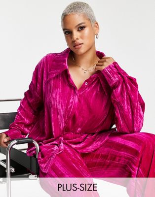 In The Style Plus exclusive velvet oversized shirt co-ord in pink