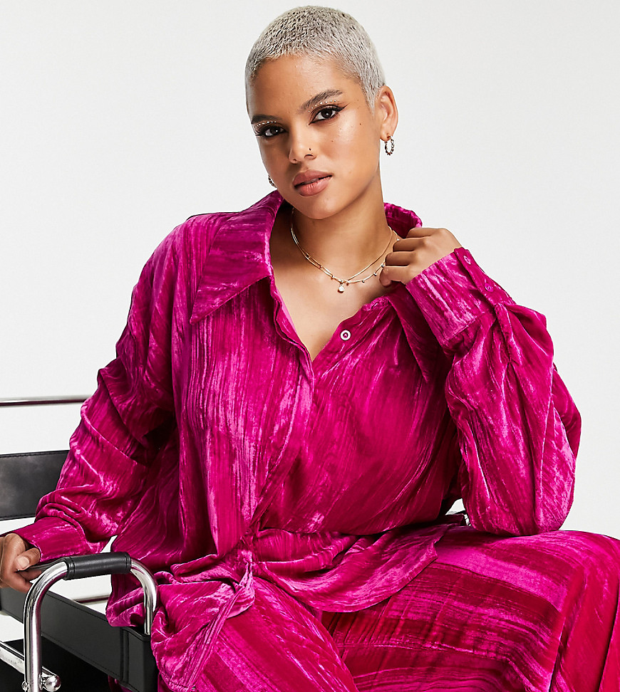 In The Style Plus exclusive velvet oversized shirt in pink - part of a set