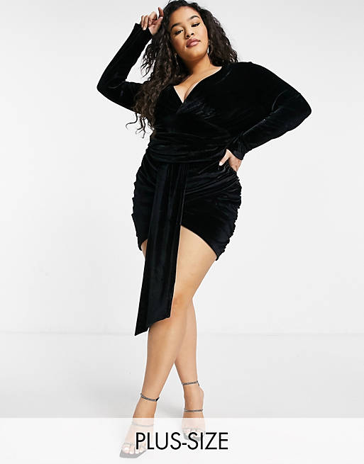 In The Style Plus exclusive velvet tie front ruched mini dress in black