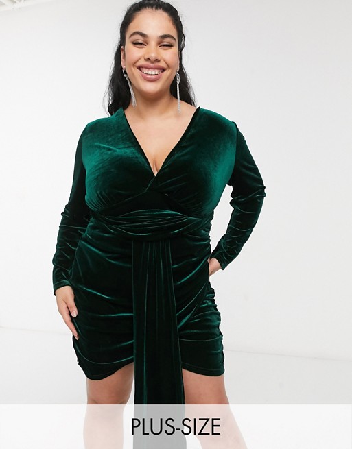 In The Style Plus exclusive velvet tie front ruched mini dress in emerald green