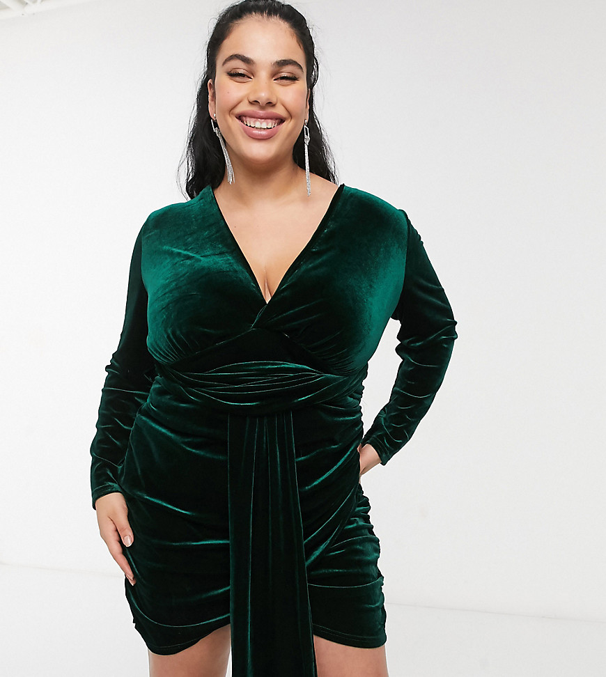 In The Style Plus exclusive velvet tie front ruched mini dress in emerald green