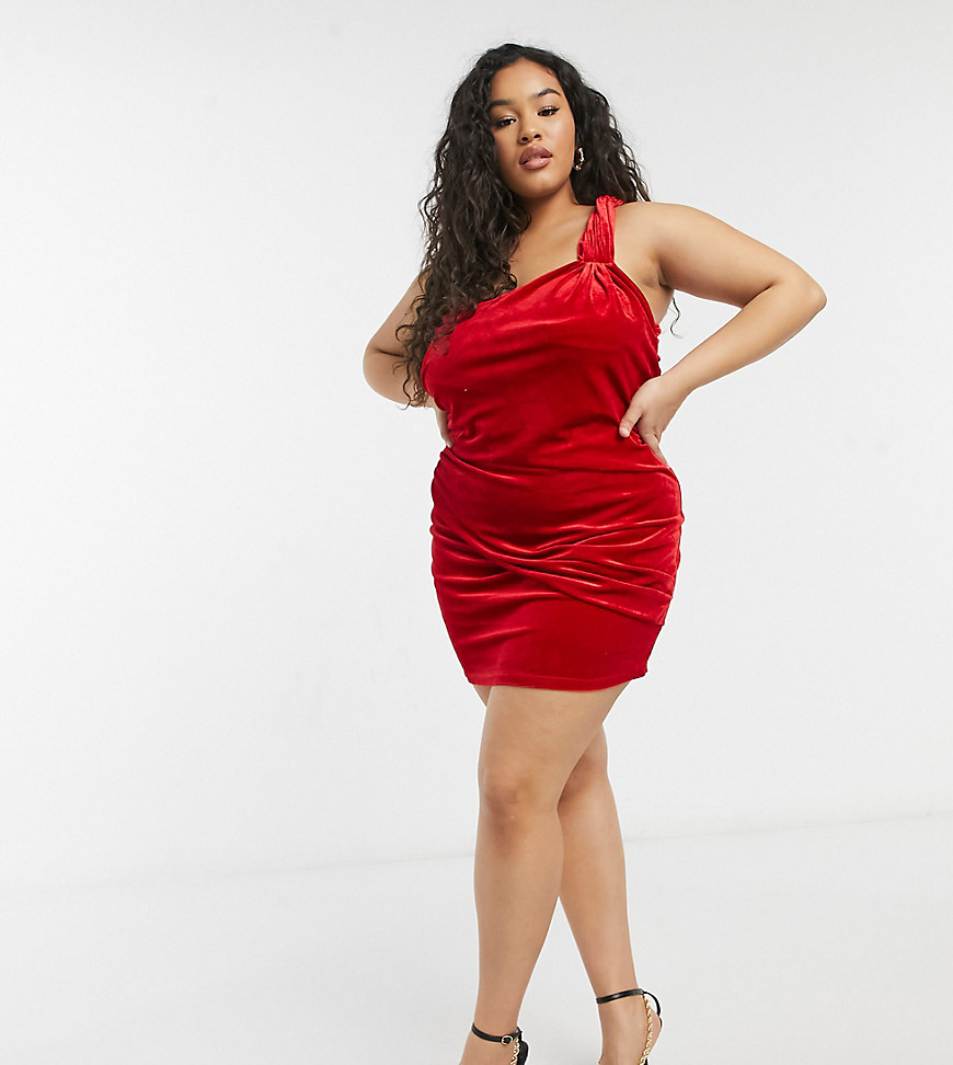 In The Style Plus Exclusive velvet twist one shoulder ruched detail pencil dress in red