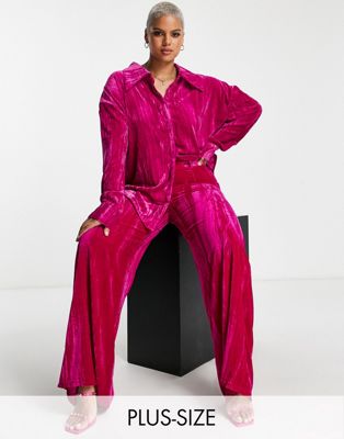 In The Style Plus exclusive velvet wide leg trouser co-ord in pink