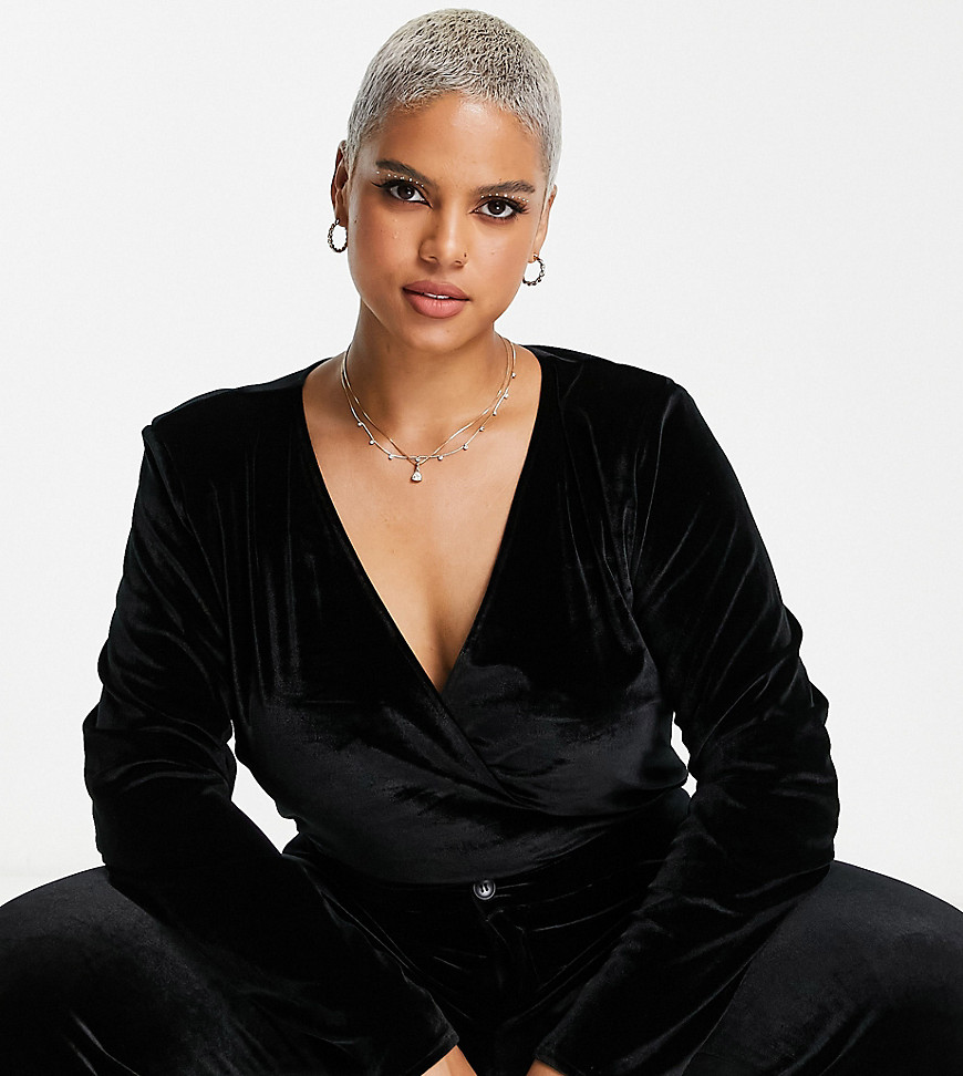 In The Style Plus exclusive velvet wrap detail bodysuit in black - part of a set
