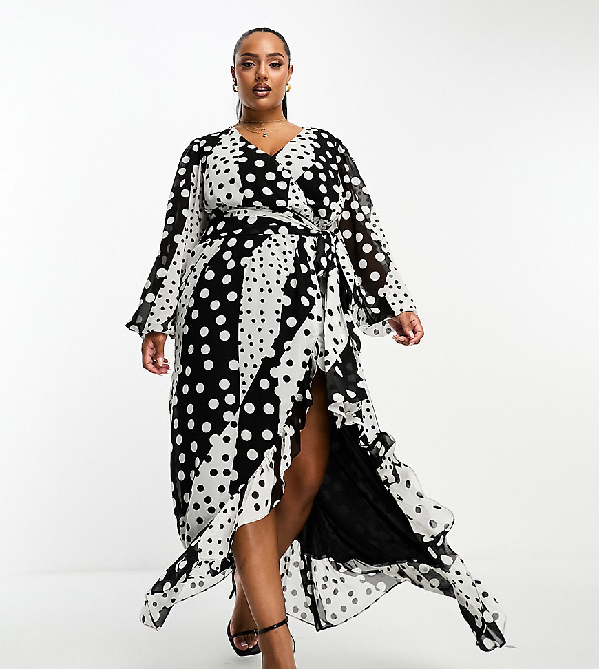 In The Style Plus exclusive volume sleeve wrap maxi dress in mixed spot print-Multi