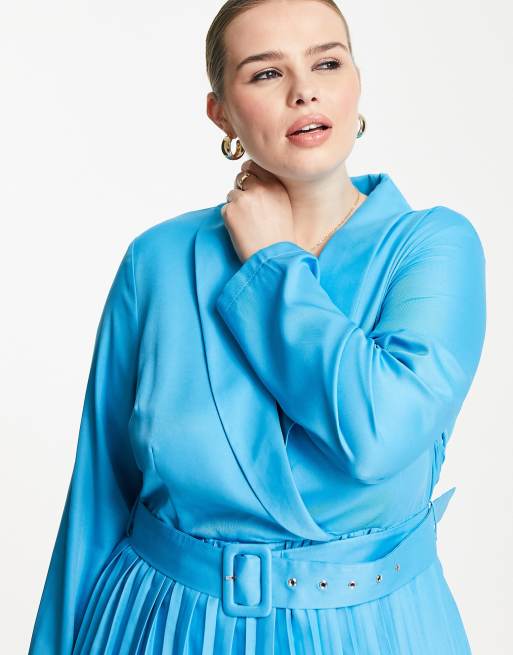 In The Style Plus exclusive x Dani Dyer plunge front blazer dress with pleated skirt in blue ASOS