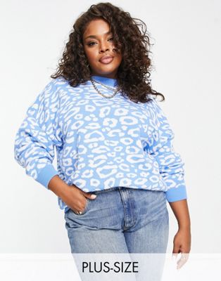 In The Style Plus exclusive knitted high neck jumper in blue leopard - ASOS Price Checker