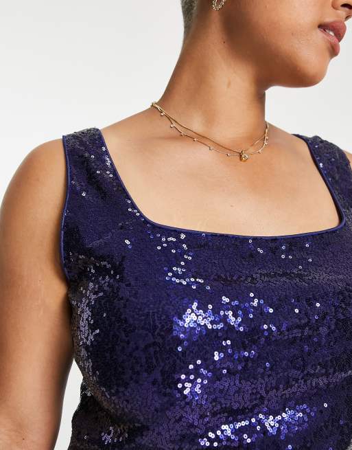 In The Style Plus - Exclusivité - Robe mi-longue à encolure carrée et sequins - Bleu marine, 3 de 4