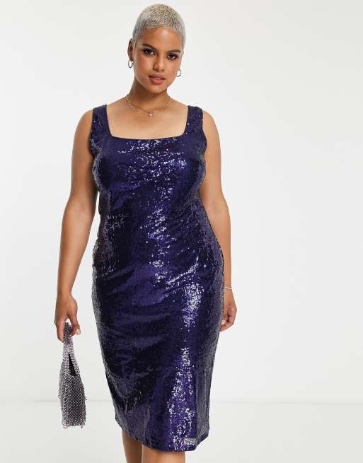 In The Style Plus - Exclusivité - Robe mi-longue à encolure carrée et sequins - Bleu marine, 4 de 4