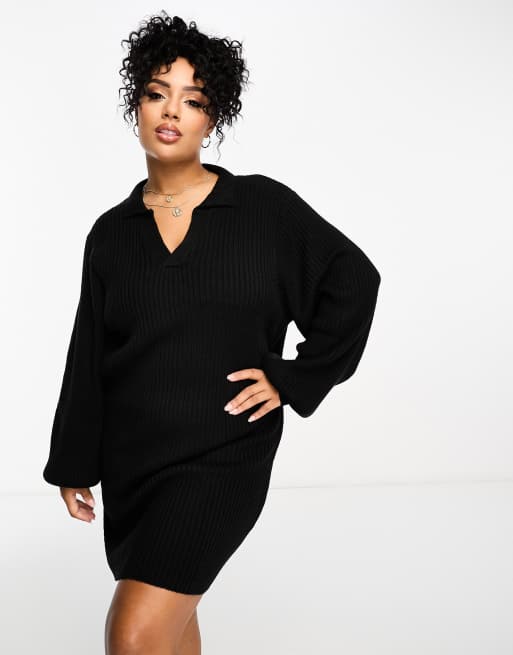 In The Style Plus - Exclusivité - Robe pull courte en maille avec col - Noir
