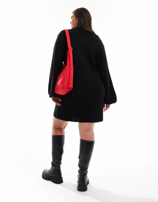 In The Style Plus – Exklusives, gestricktes Mini-Pulloverkleid in Schwarz mit Kragendetail, 2 von 4