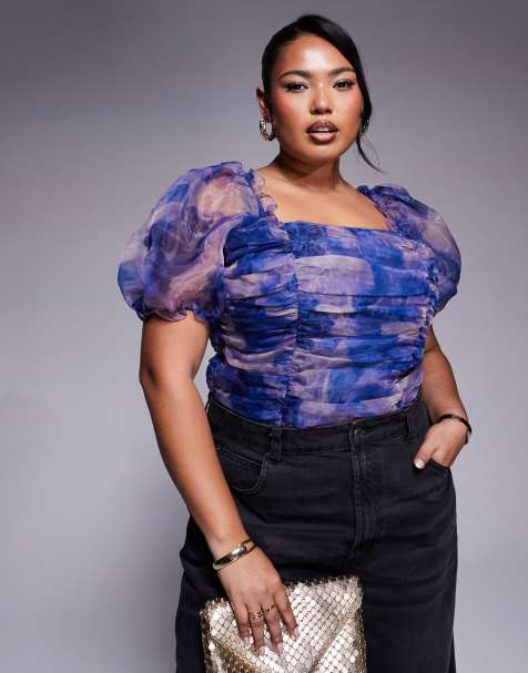 In The Style Plus puff sleeve organza bodysuit in purple print