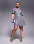 [In The Style Plus] In The Style Plus flutter sleeve cowl back sequin mini dress in silver 20 SILVER