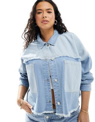 In The Style Plus frayed seam pocket detail denim jacket in light blue