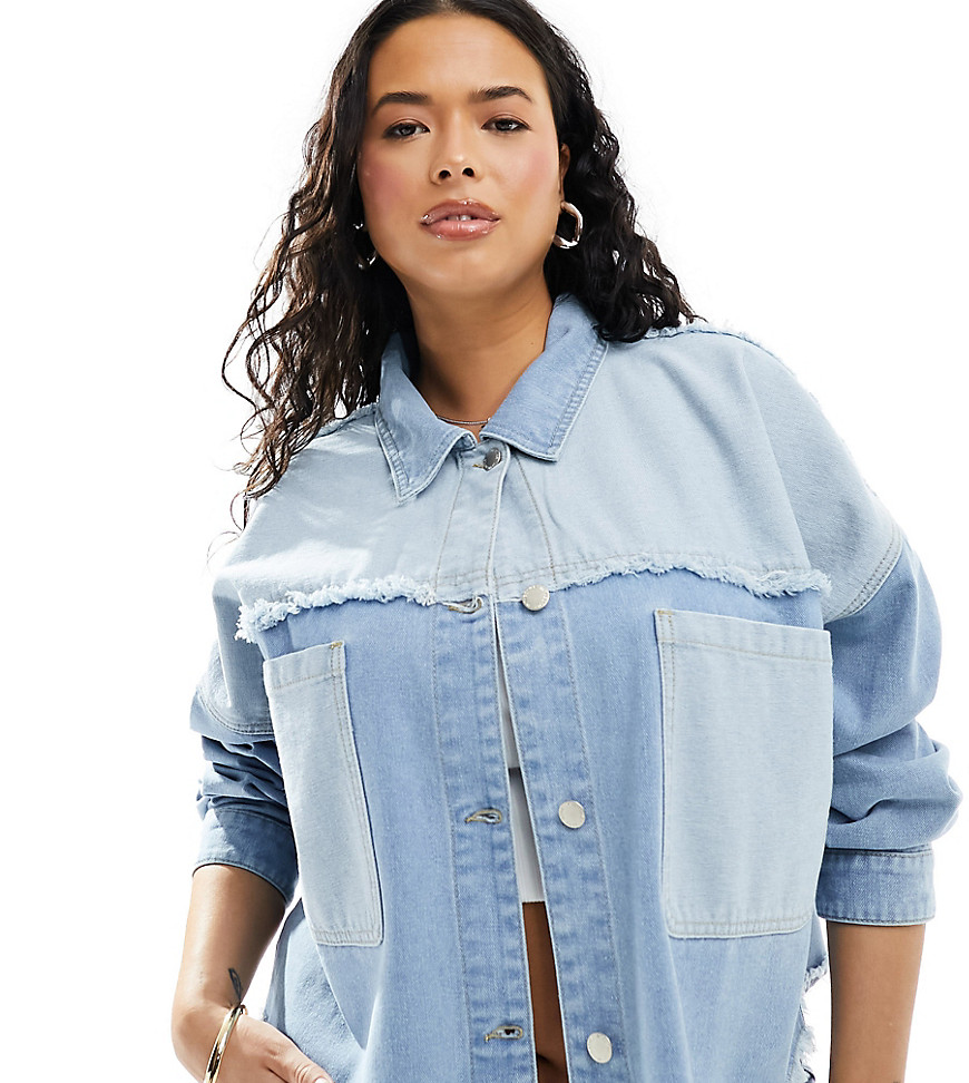 In The Style Plus frayed seam pocket detail denim jacket in light blue