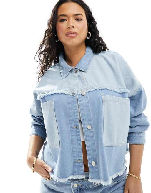 In The Style Plus - Giacca di jeans blu chiaro con cuciture sfrangiate e tasche