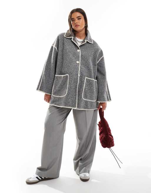 In The Style Plus - Giacca taglio lungo grigia con cuciture a contrasto