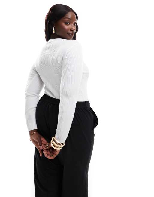 In The Style Plus – Gräddvit, ribbad body med knäppning och rund halsringning, 4 av 4