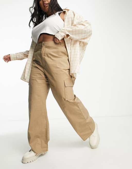 In The Style Plus high waist straight leg cargo trousers in camel