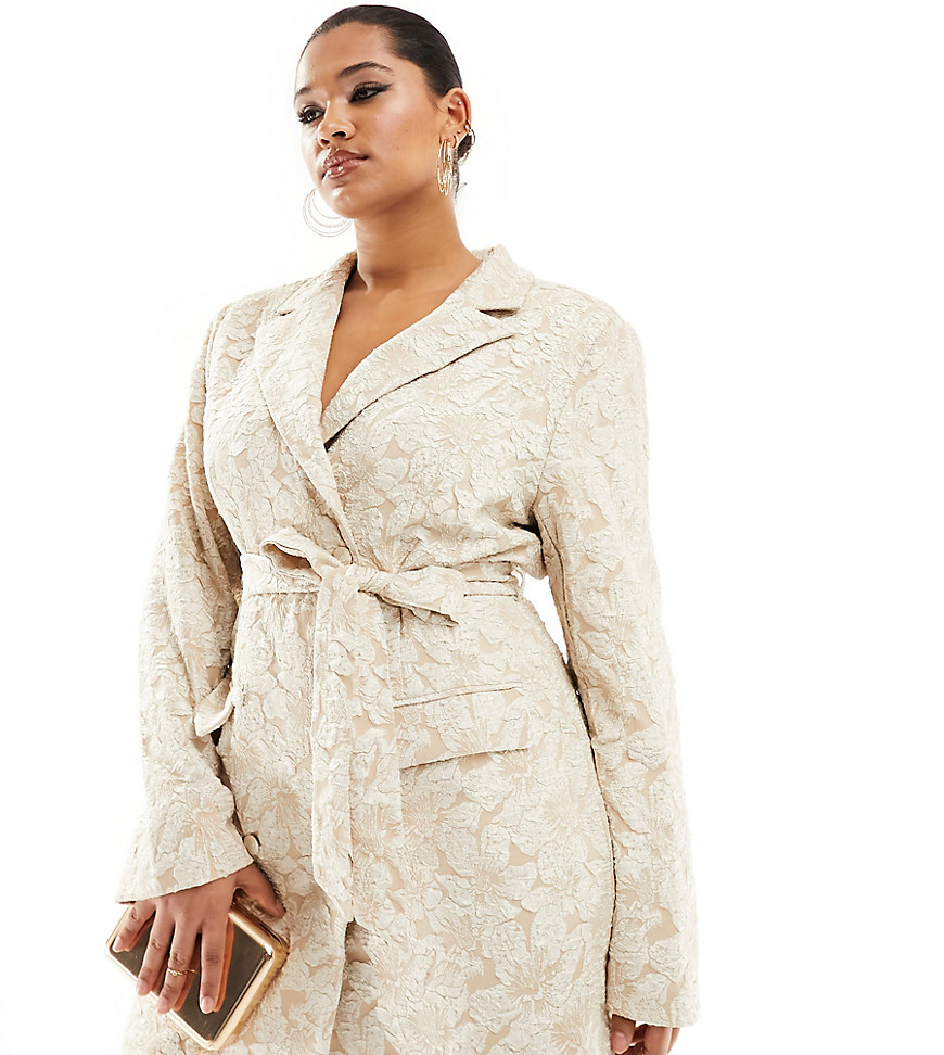 In The Style Plus jacquard belted mini blazer dress in cream-White