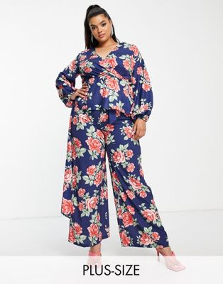 In The Style Plus Jess Millichamp floral print wide leg paperbag trouser in navy