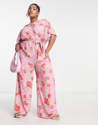 In The Style Plus Jess Millichamp rose print wrap front jumpsuit in pink