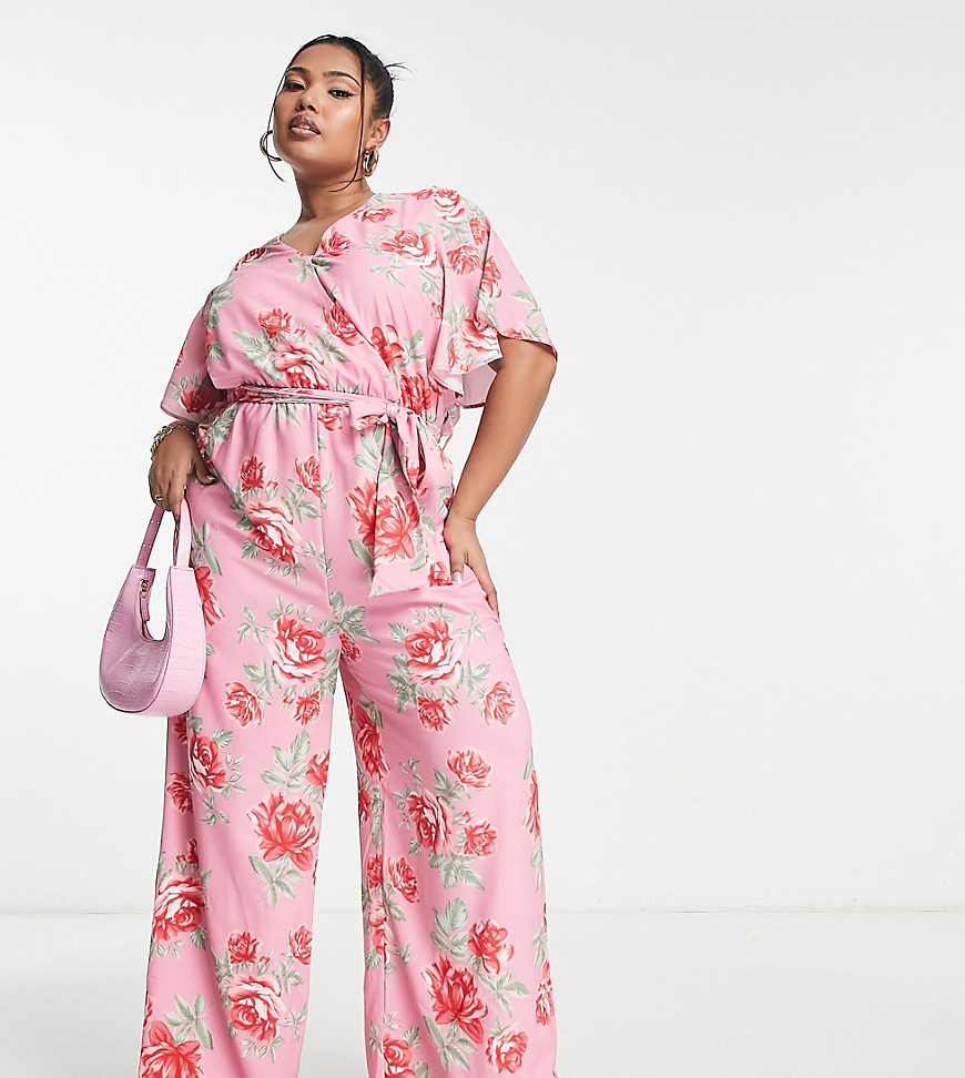 In The Style Plus Jess Millichamp rose print wrap front jumpsuit in pink