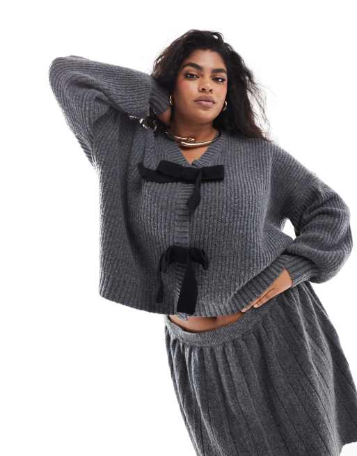 In The Style Plus knitted balloon sleeve cardigan with contrast bow ties in charcoal (part of a set) 