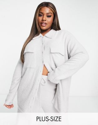 In The Style Plus knitted button through shirt co-ord in grey