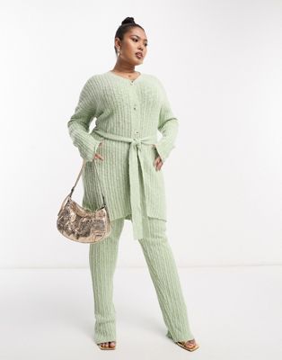 In The Style Plus knitted longline cardigan co-ord in sage