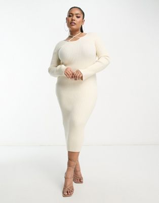 In The Style Plus knitted ribbed strappy neck midi dress in cream - ASOS Price Checker
