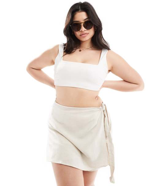 In The Style Plus linen look tie side skort in stone - view 1