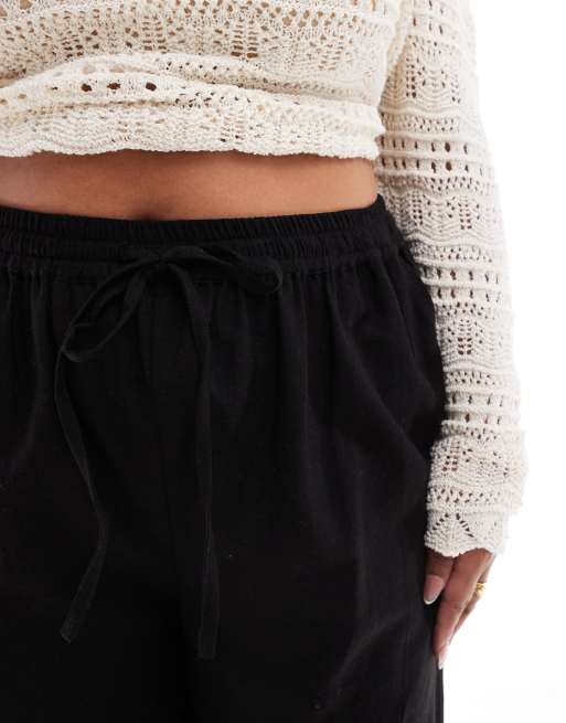 In The Style Plus linen mix wide leg drawstring pants in black, 3 of 5