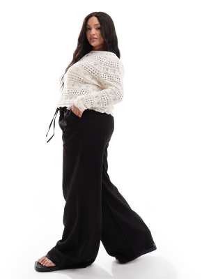 In The Style Plus linen mix wide leg drawstring trousers in black