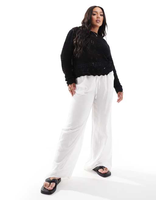 In The Style Plus linen mix wide leg drawstring trousers black in white