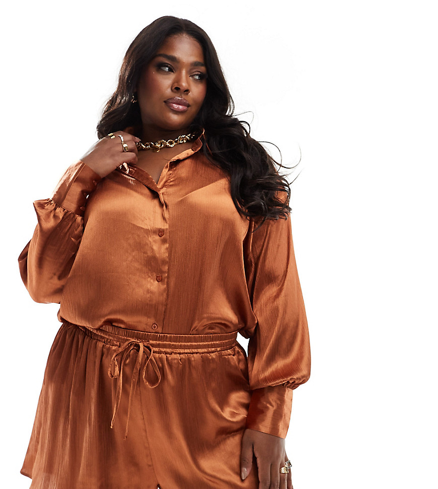 In The Style Plus long sleeve satin shirt co-ord in rust-Orange