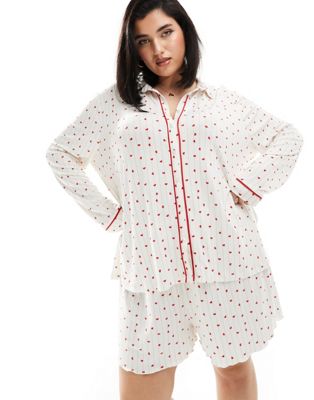 In The Style Plus long sleeve shirt & short pyjama set in heart print