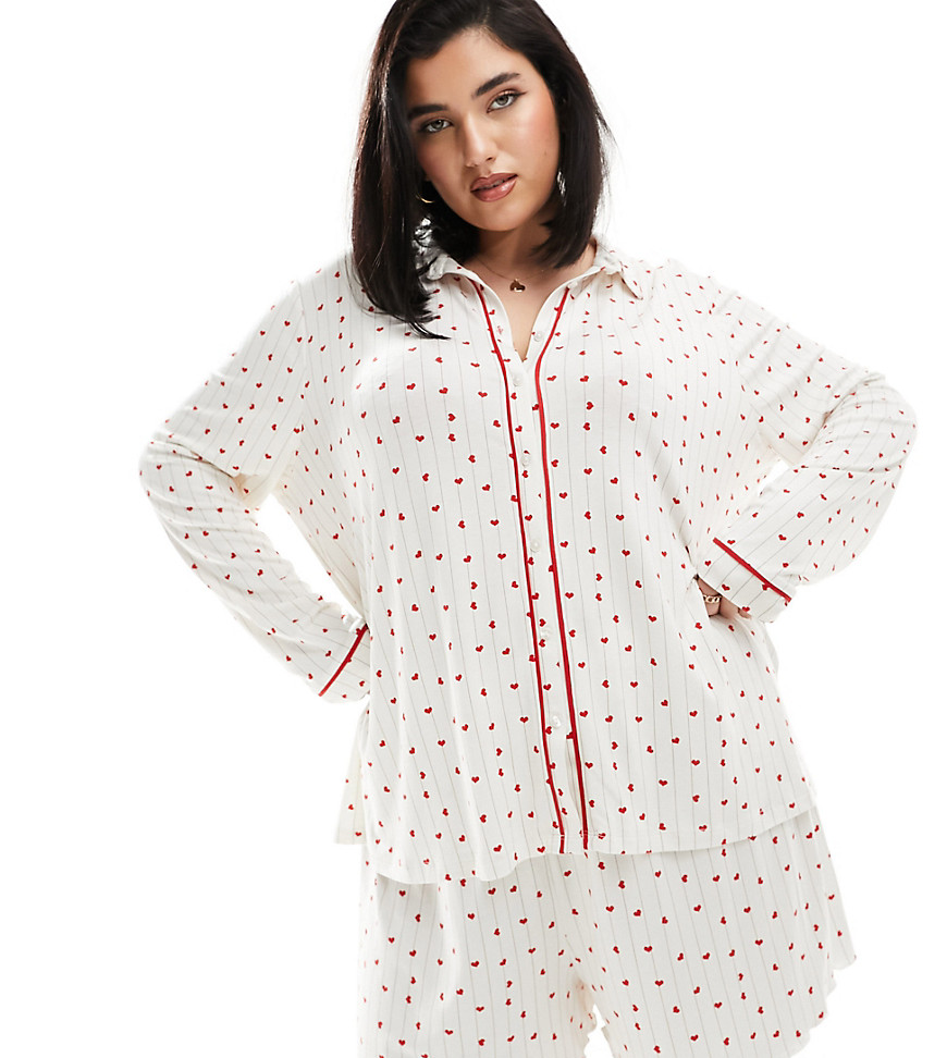 In The Style Plus long sleeve shirt & short pyjama set in heart print-Multi
