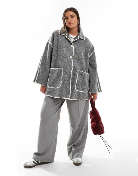 In The Style Plus longline contrast stitch jacket in grey - view 1