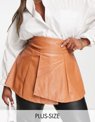 In The Style Plus Lorna Luxe PU high waisted apron skirt in brown