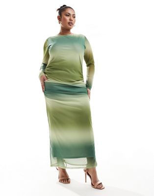 In The Style Plus mesh ruched maxi dress in green ombre