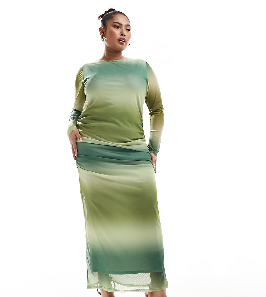 In The Style Plus mesh ruched maxi dress in green ombre-Multi
