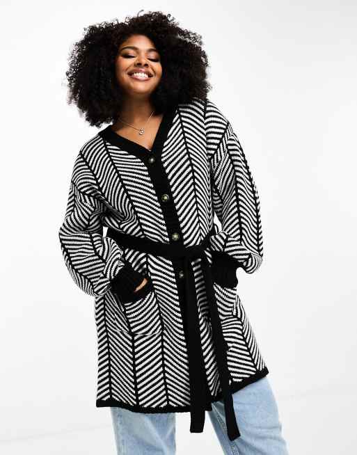 In The Style Plus - Monokrom longline-cardigan med striber og bælte