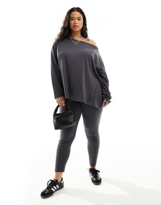 In The Style Plus off the shoulder long sleeve t-shirt and legging set in charcoal