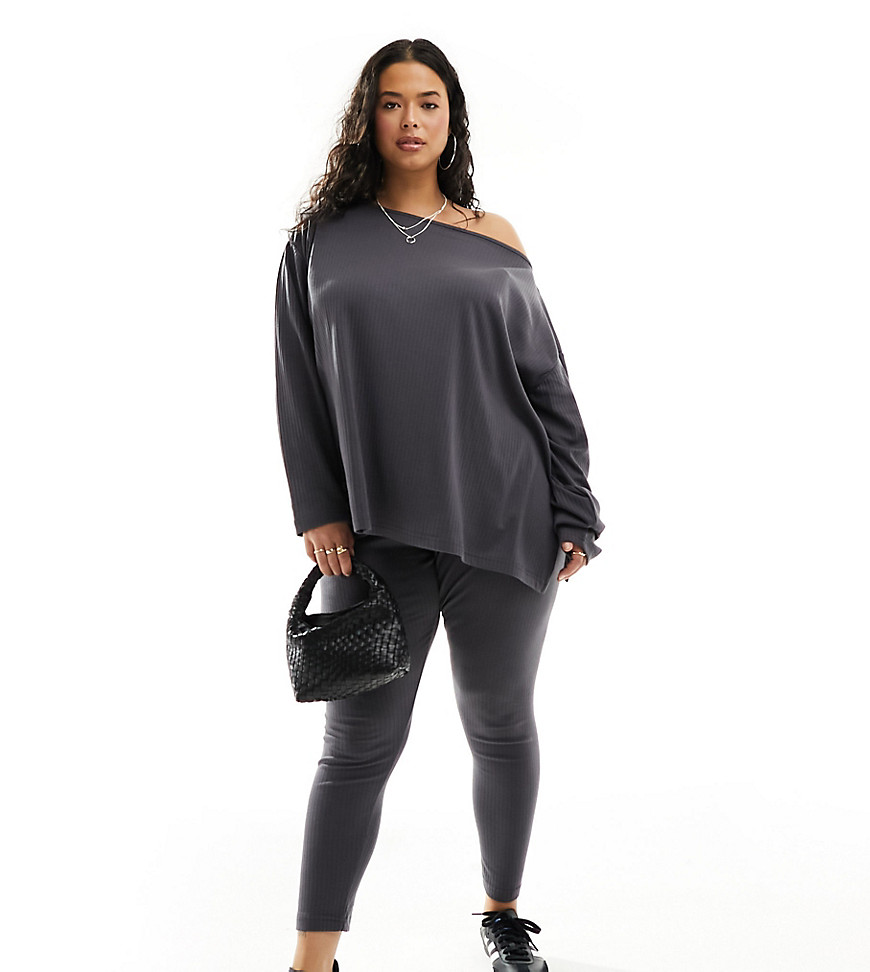 In The Style Plus off the shoulder long sleeve t-shirt and legging set in charcoal-Grey