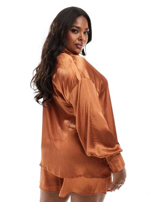In The Style Plus - Overhemd van satijn met lange mouwen in roestbruin, deel van co-ord set, 2 van 4